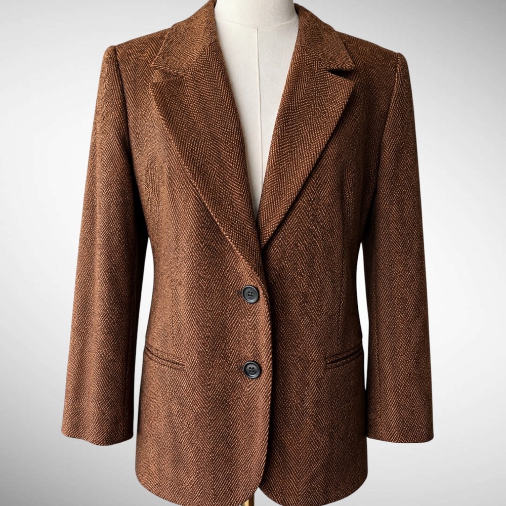 Vintage Harlan Brown Black Herringbone Tweed Blazer Jacket Size 12